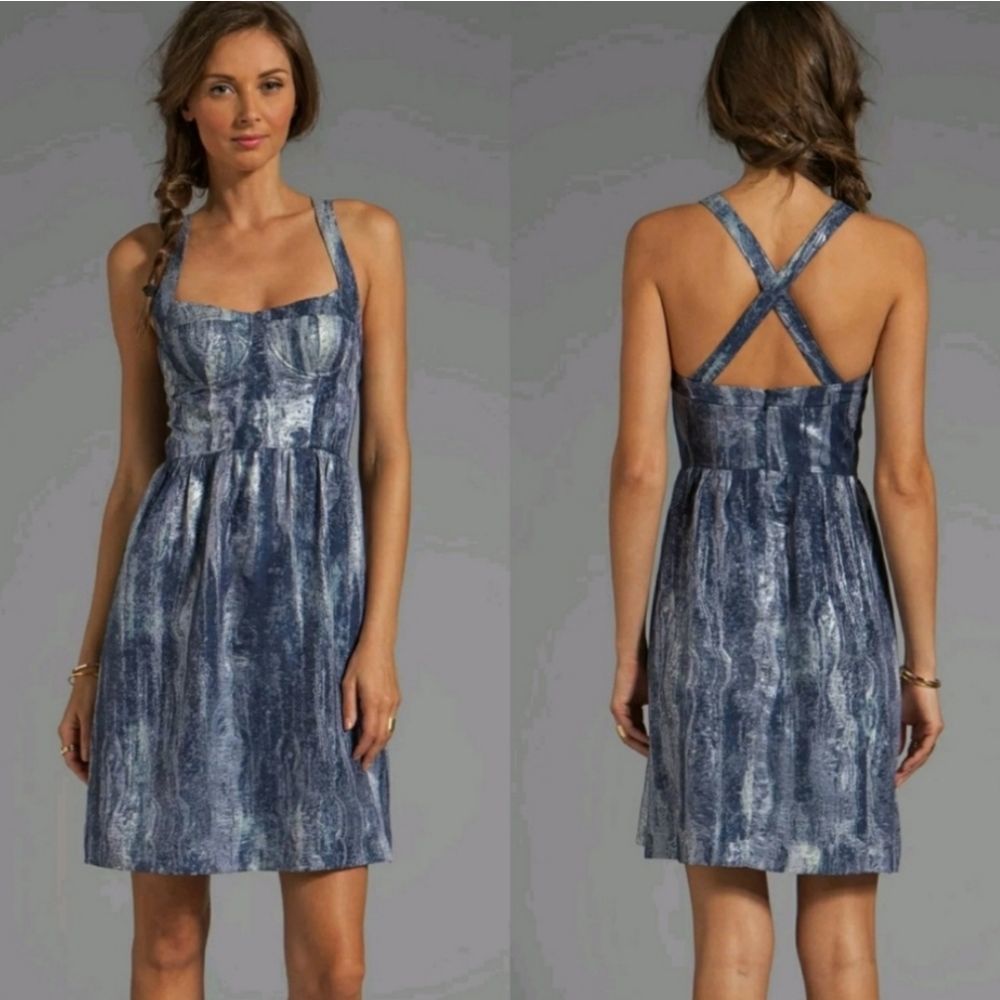 Cynthia Rowley Silk Bustier Corset Fit & Flare Dress in Denim Watercolor Blue
